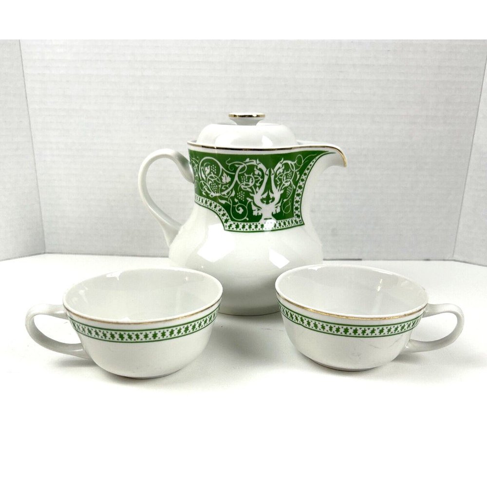 Hollohaza Hungary Green and White Vintage Decorative Teapot And Lid with 2 cups